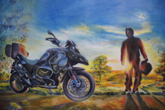 Harshavardhan-Rane-Biker-into-sunset-Jurita-2019-acrylic-on-canvas-60x80cm