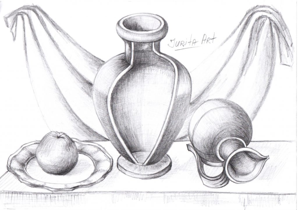 Still life of a jug with an apple, perspective (Jurita, 2020, pencil drawing, A-4 format for the workshop “Drawing Basics by Jurita Art / Pencil Drawing Techniques”).
