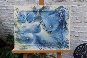 Blue Love #1 (splash) , Jurita, 2022, black ink, watercolor, 40 x 30 cm (image) / 51 x 40.5 cm (mounted)